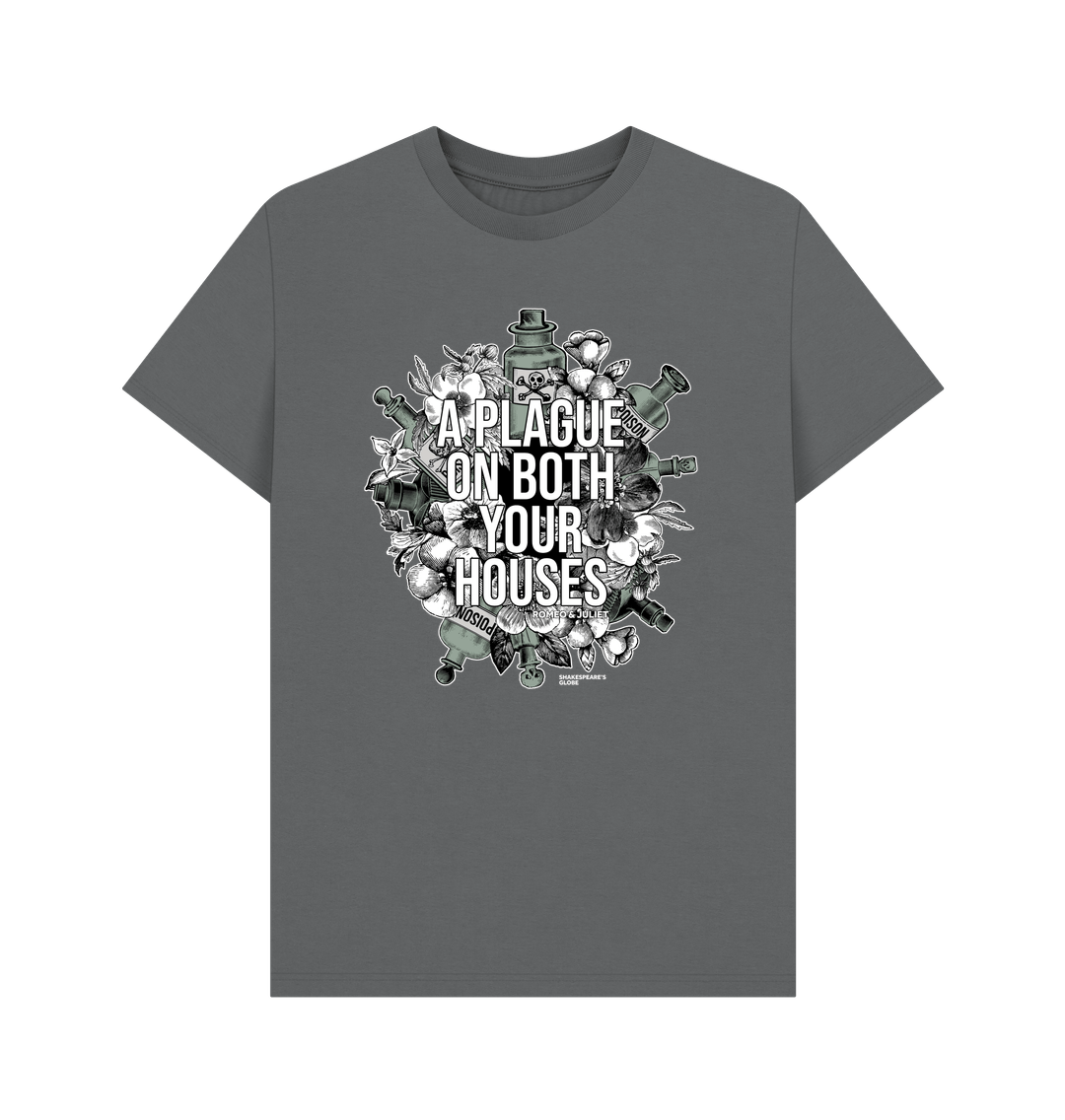 Grey standard fit t-shirt with centre front graphic of poison bottles, flowers, and graphic white text