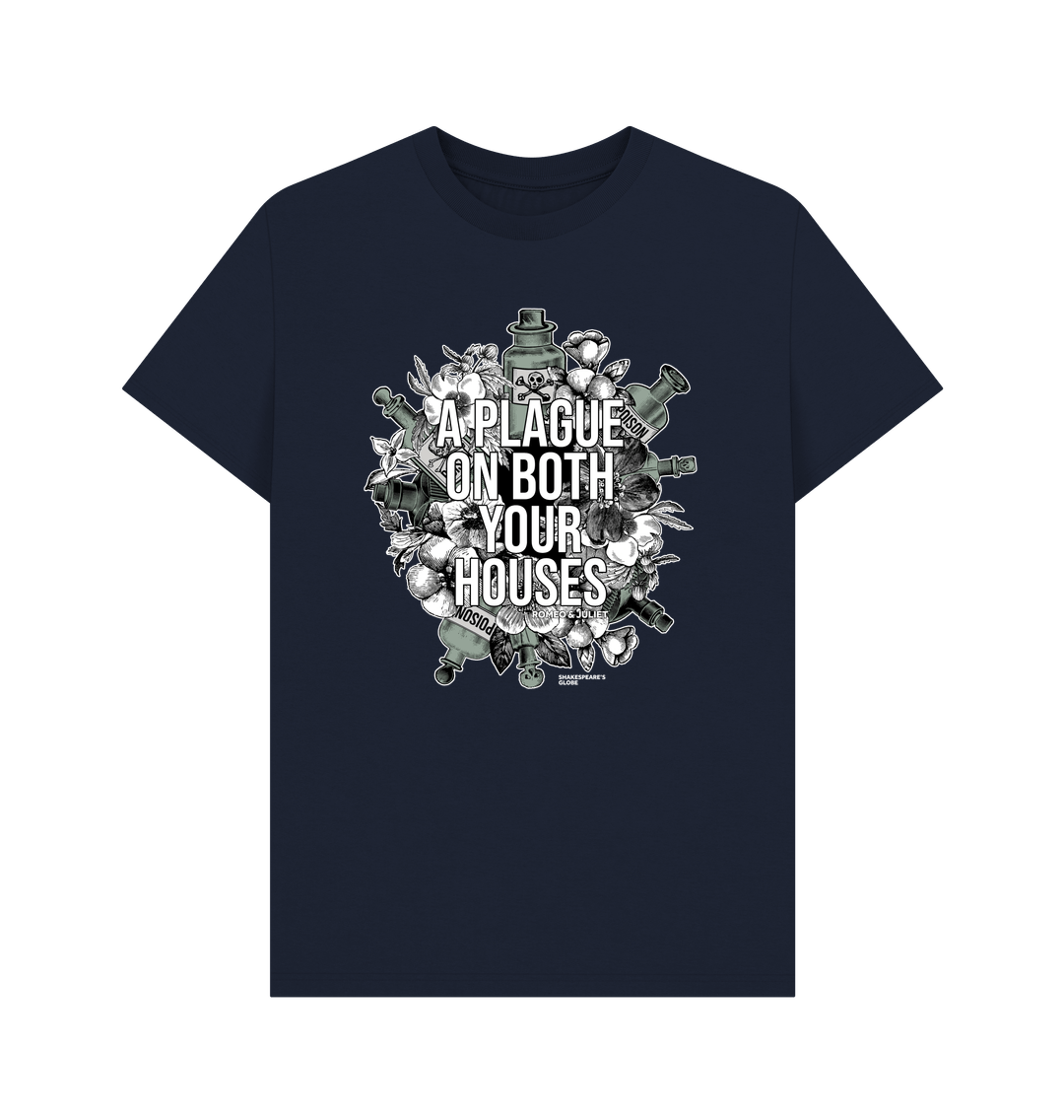 Navy blue standard fit t-shirt with centre front graphic of poison bottles, flowers, and graphic white text