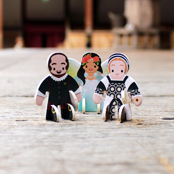 three little figures made from printed board representing William Shakespeare, Titania and an Elizabethan Londoner