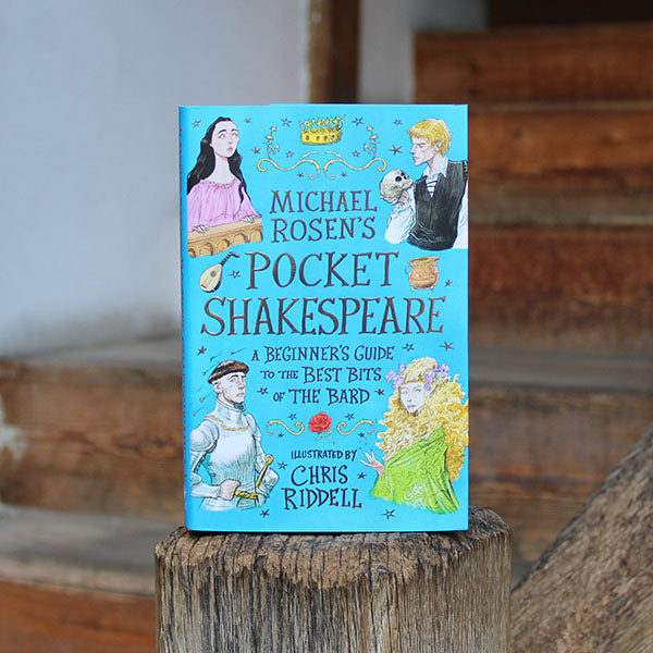 book with a blue cover featuring illustrations of figures in costume standing on a wooden post