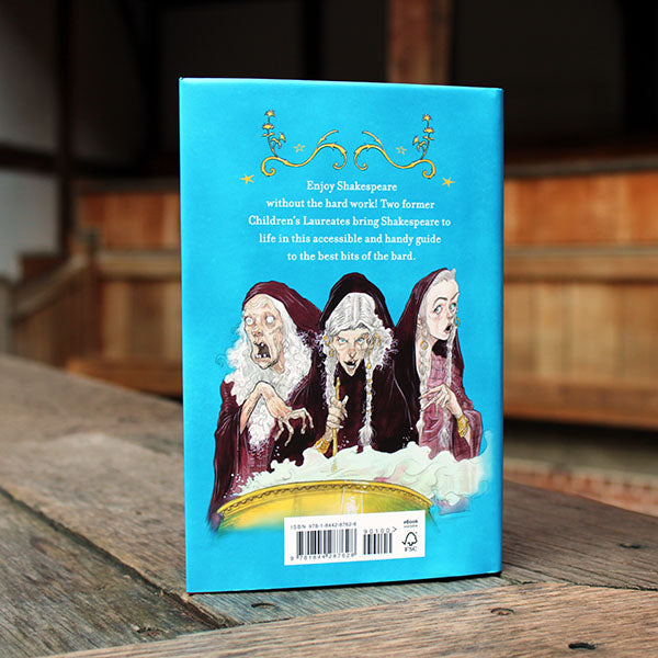 book with a blue cover featuring illustrations of figures in costume standing on a wooden stage