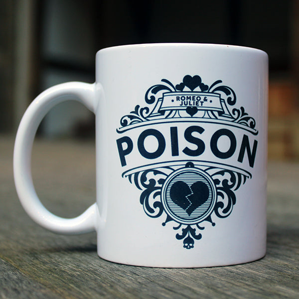 Black 'POISON' graphic motif with broken heart and curly-ques, design printed on either side of white mug