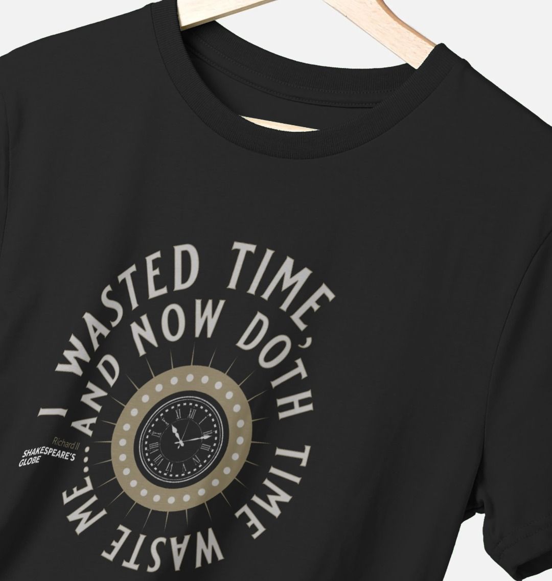 black t-shirt with a grey print depicting a clock