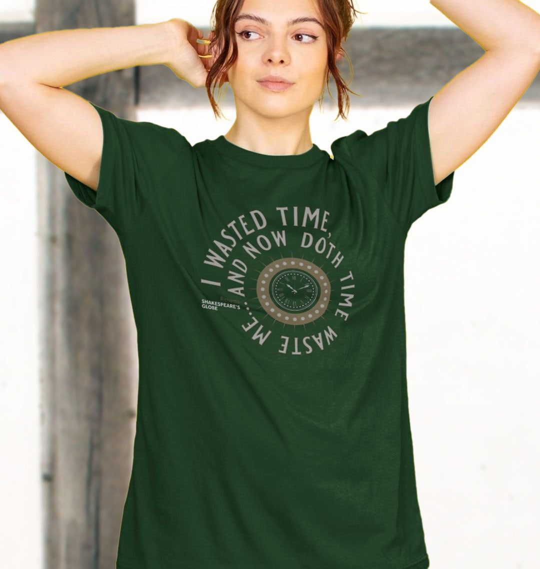 dark green t-shirt with a grey print depicting a clock