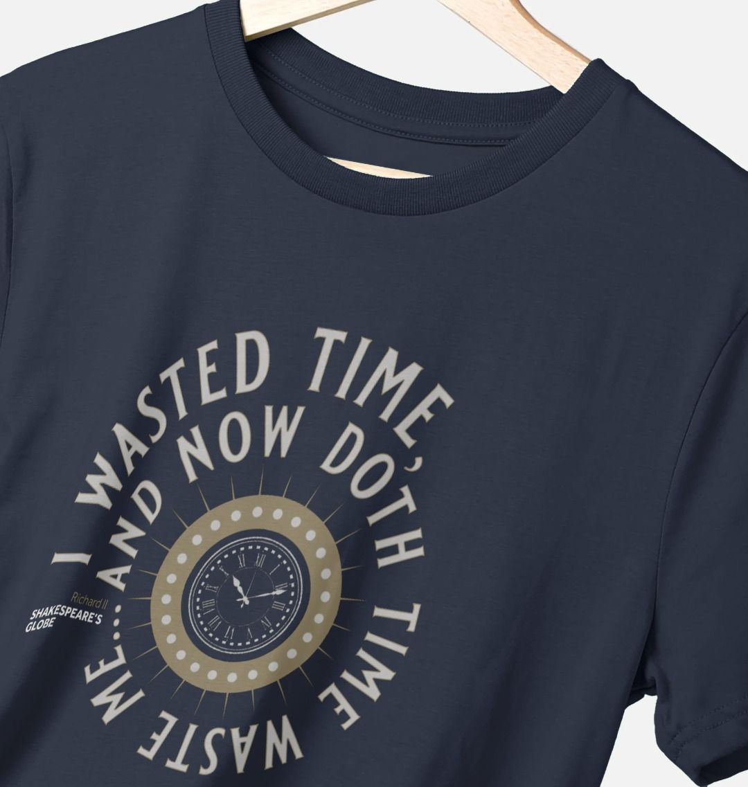 navy blue t-shirt with a grey print depicting a clock