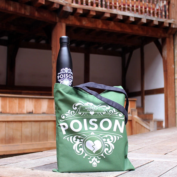 Olive green cotton tote bag with 2 black handles, featuring white graphic and POISON text