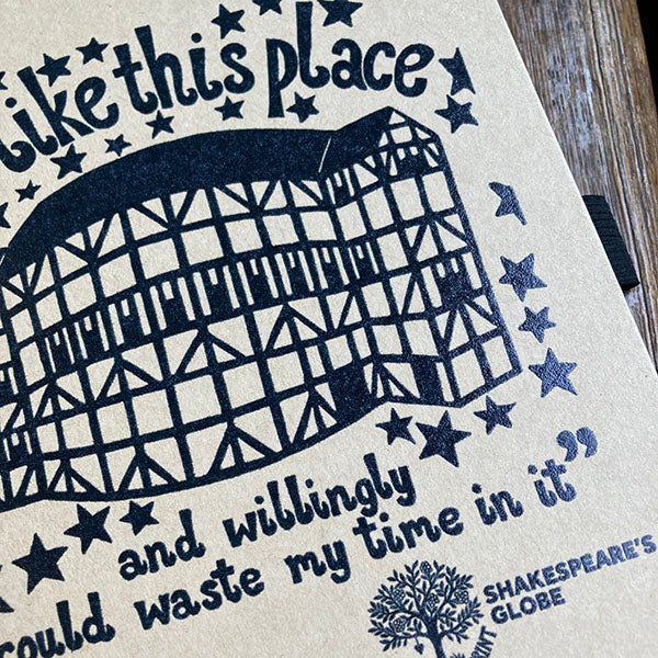 Shakespeare's Globe with text 'I like this place and willingly would waste my time in it' on a beige background.