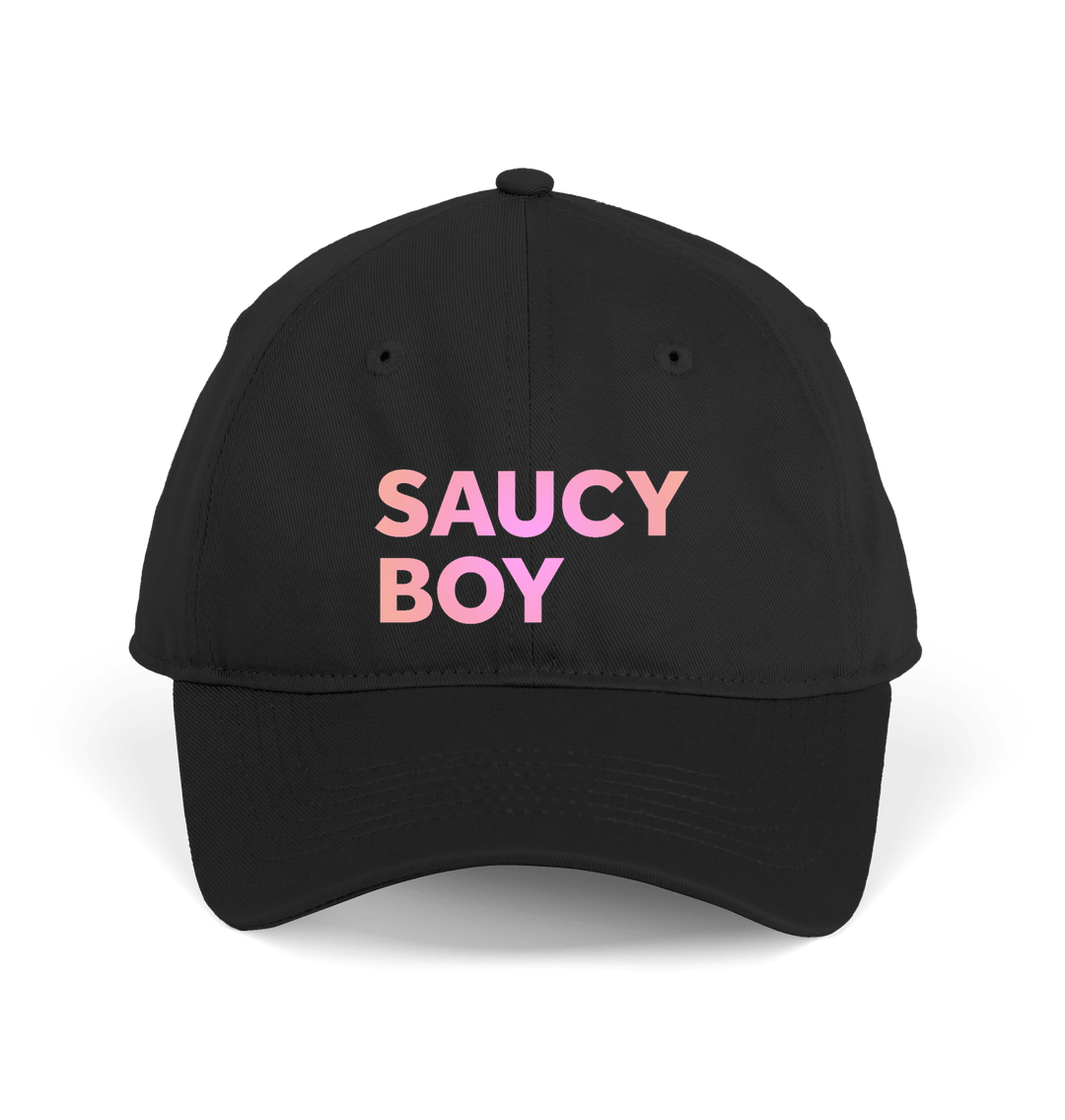 Black baseball cap printed with pink text that reads SAUCY BOY