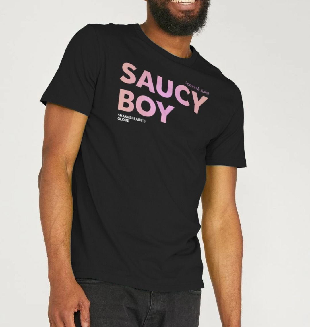 black crew neck t-shirt with a pink text print to the chest