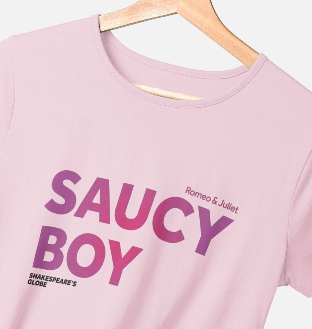Pale pink fitted t-shirt with gradient dark to pale pink text print across the centre front