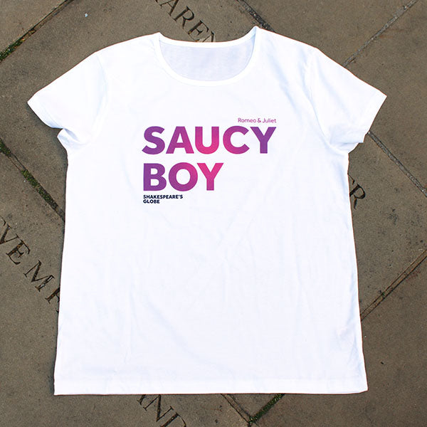 White fitted t-shirt with gradient dark to pale pink text print across the centre front