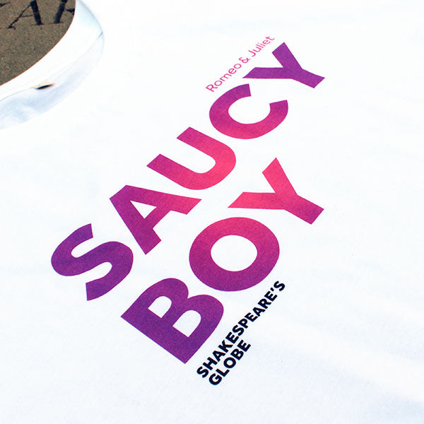 White fitted t-shirt with gradient dark to pale pink text print across the centre front