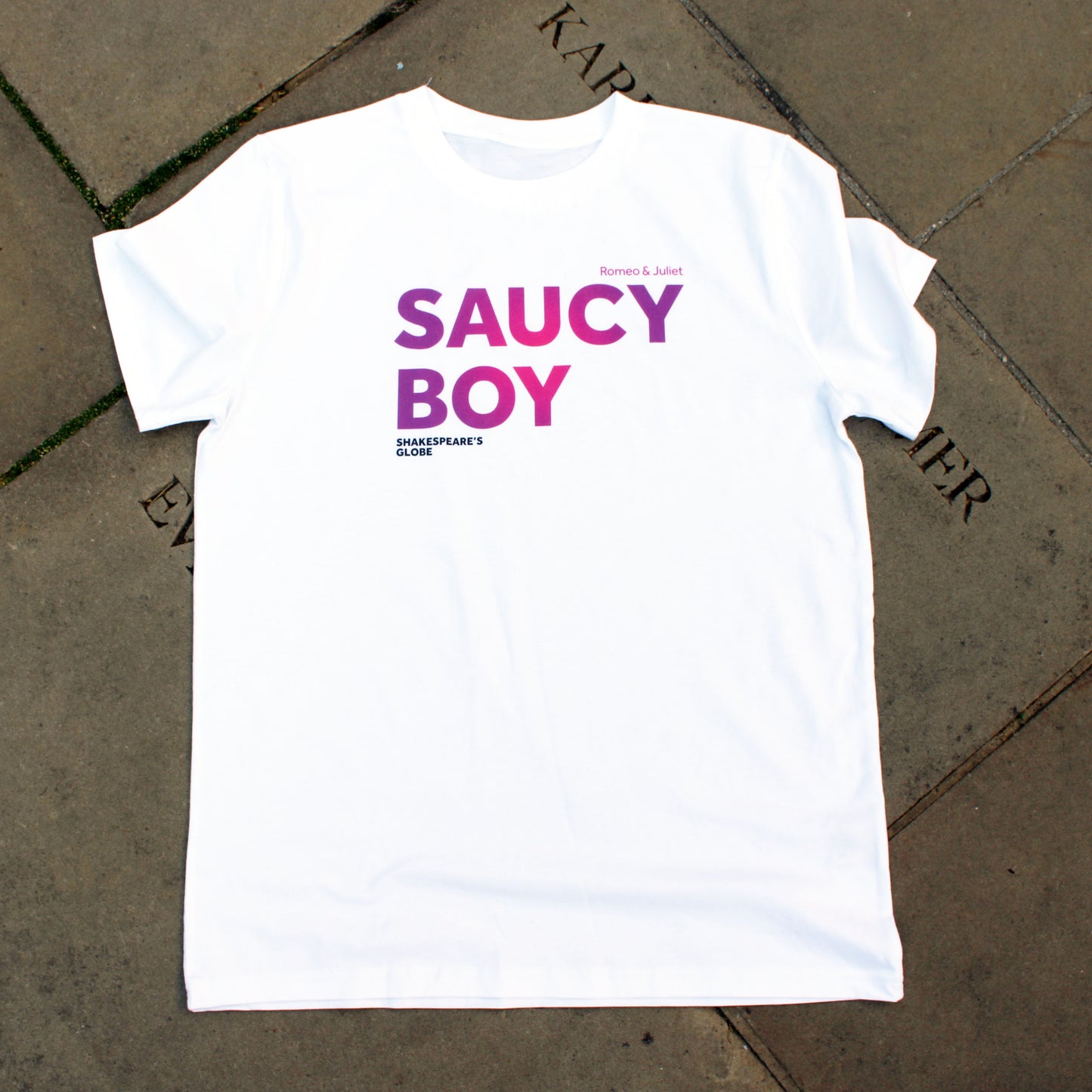 White standard fit t-shirt with gradient dark to pale pink text print across the centre front