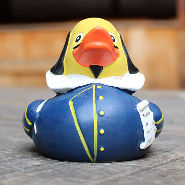 Rubber duck with a blue and yellow costume with a blurred background