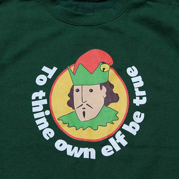 Forest green polycotton sweatshirt with cartoon elf William Shakespeare in yellow portrait background with white graphic text surround
