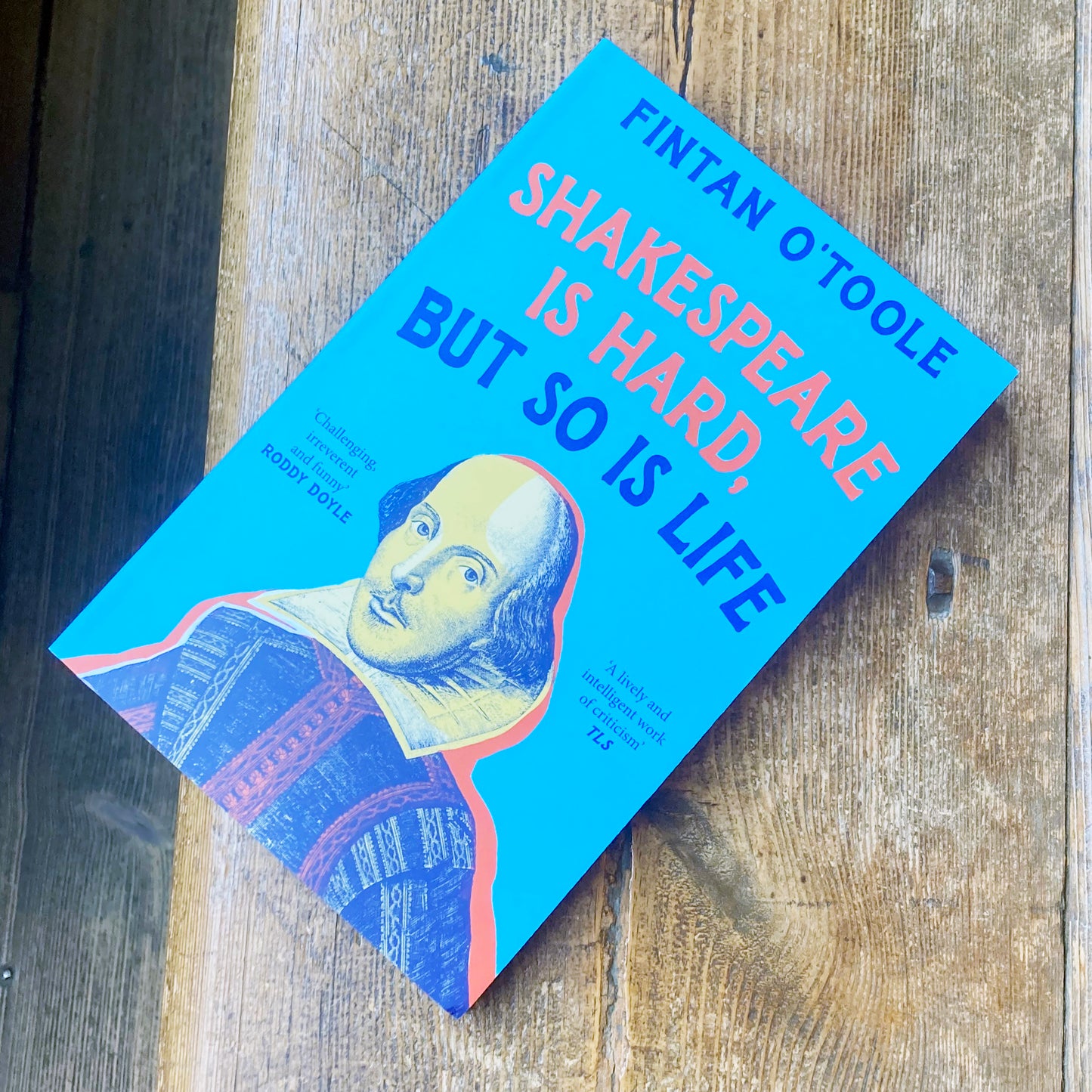 Book titled 'Shakespeare is Hard, But So Is Life' by Fintan O'Toole on a wooden surface