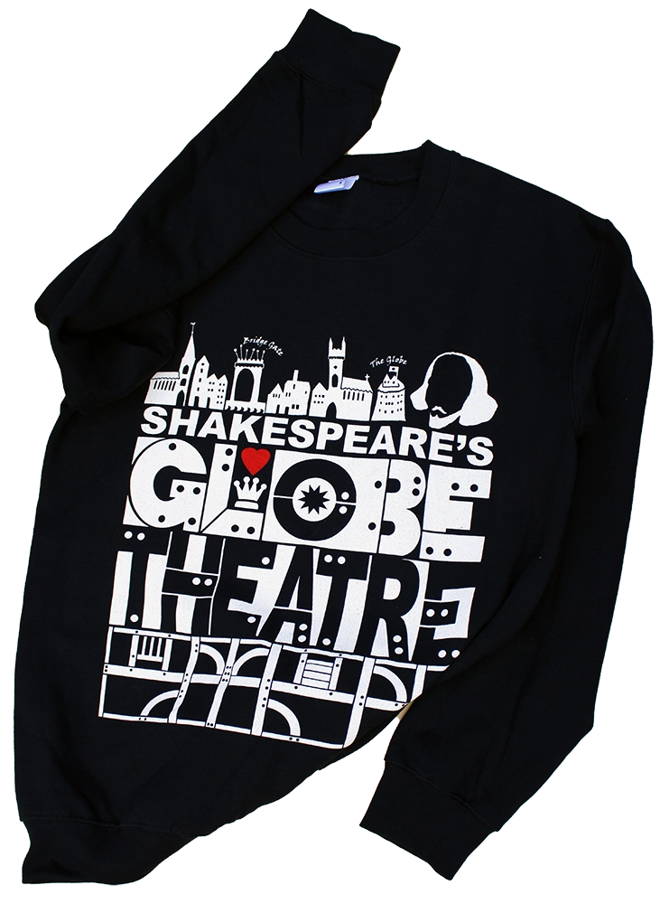 Black sweatshirt with white graphic text and print depicting London skyline, featuring single red heart