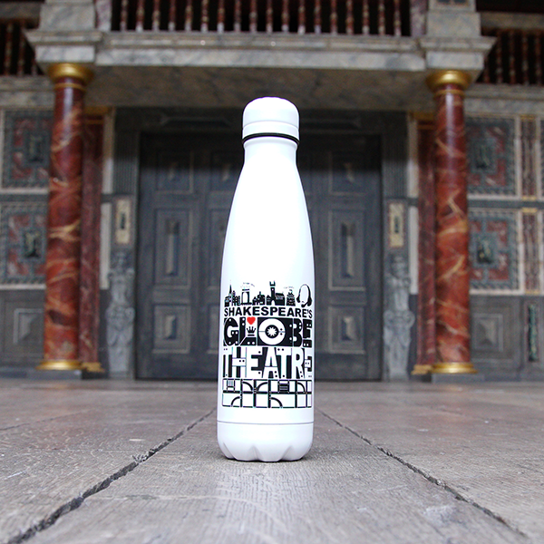 white metal water bottle with a white lid and a black and red print