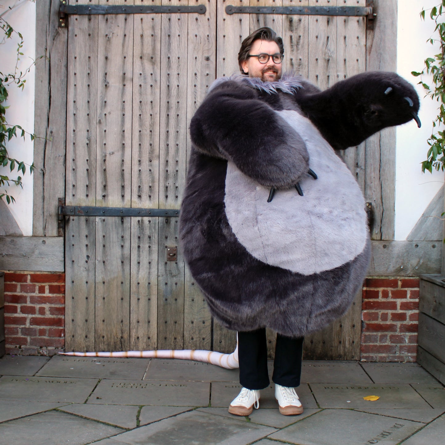 Oversized shrew, rodent costume in shades of grey with natural beige tail