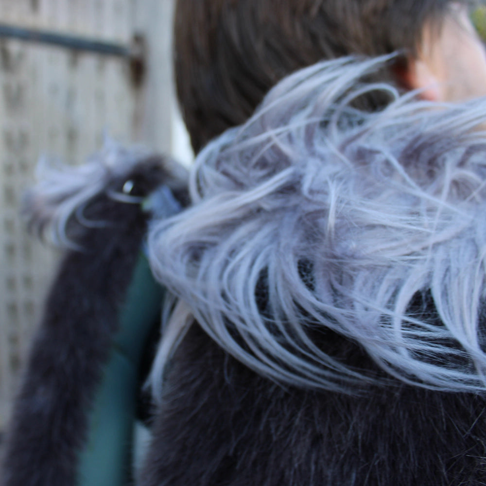 Oversized shrew, rodent costume in shades of grey with natural beige tail