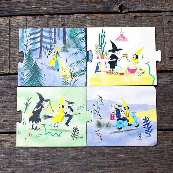 Children's puzzle with four illustrated panels on a wooden surface