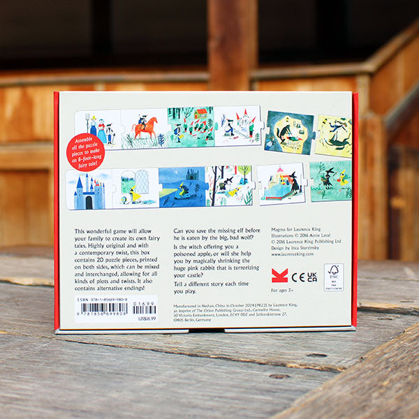 Back of a board game box with illustrations and text on a wooden surface