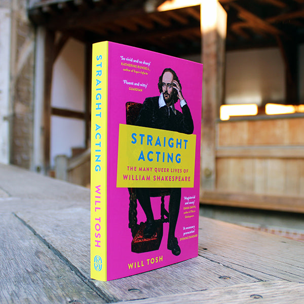 Hot pink paperback book with yellow accents, with William Shakespeare sitting on the front