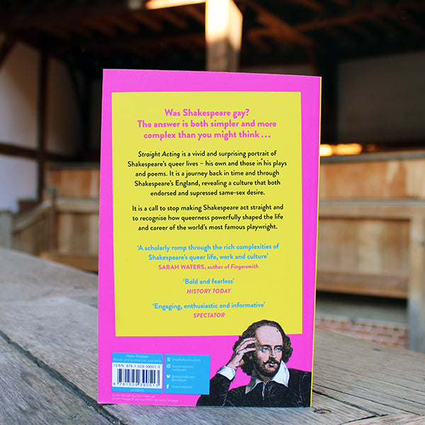 Hot pink paperback book with yellow accents, with William Shakespeare upper torso in bottom right corner