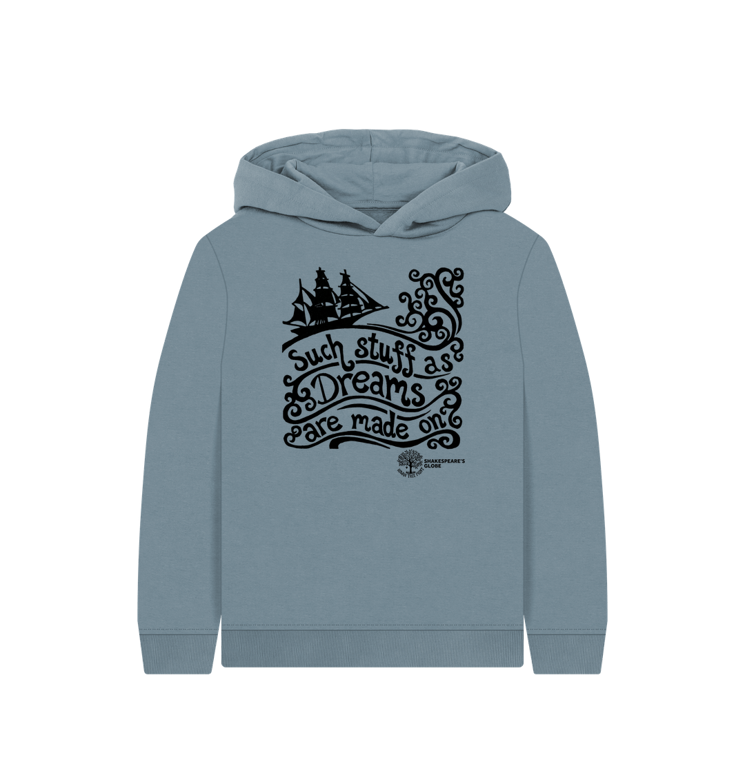 Blue hoodie with black text and design on a white background