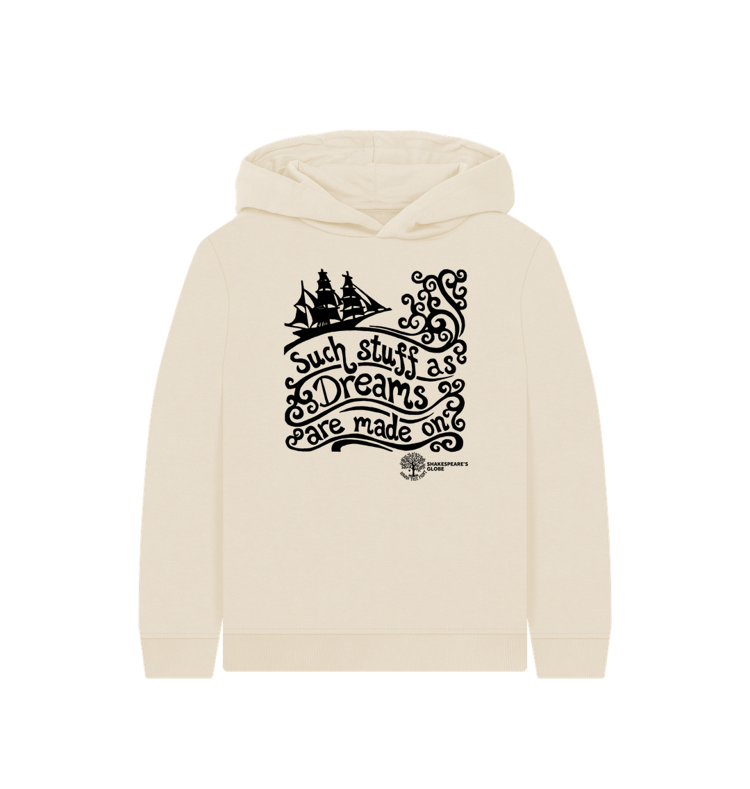 Beige hoodie with black text and design on a white background