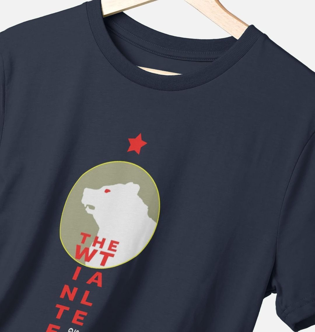 navy blue round neck t-shirt with a print of a white bear inside a circle with red blocky text underneath.