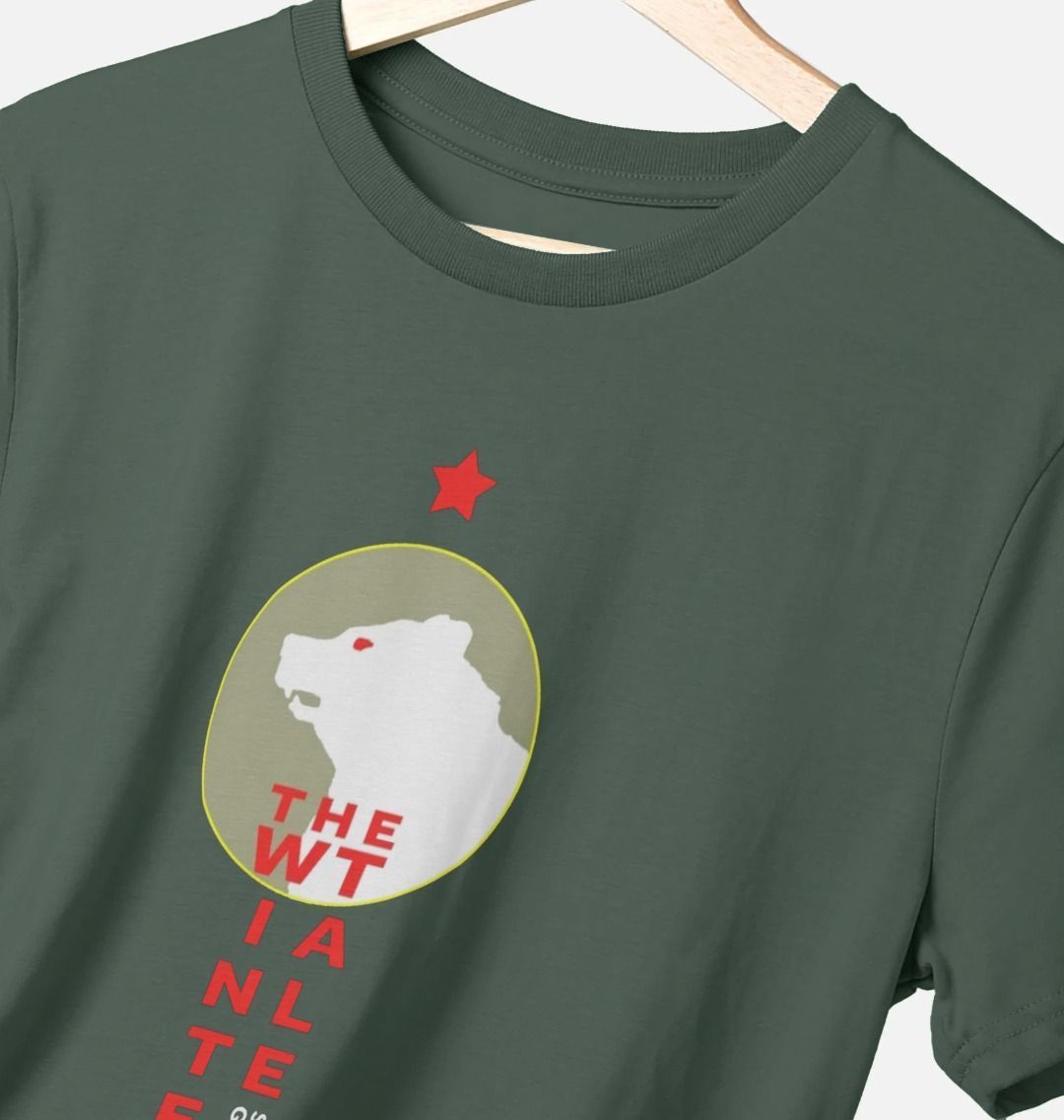 dark grey round neck t-shirt with a print of a white bear inside a circle with red blocky text underneath.