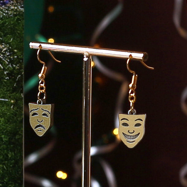 Gold resin mask earrings, comedy and tragedy faces hanging from metal post