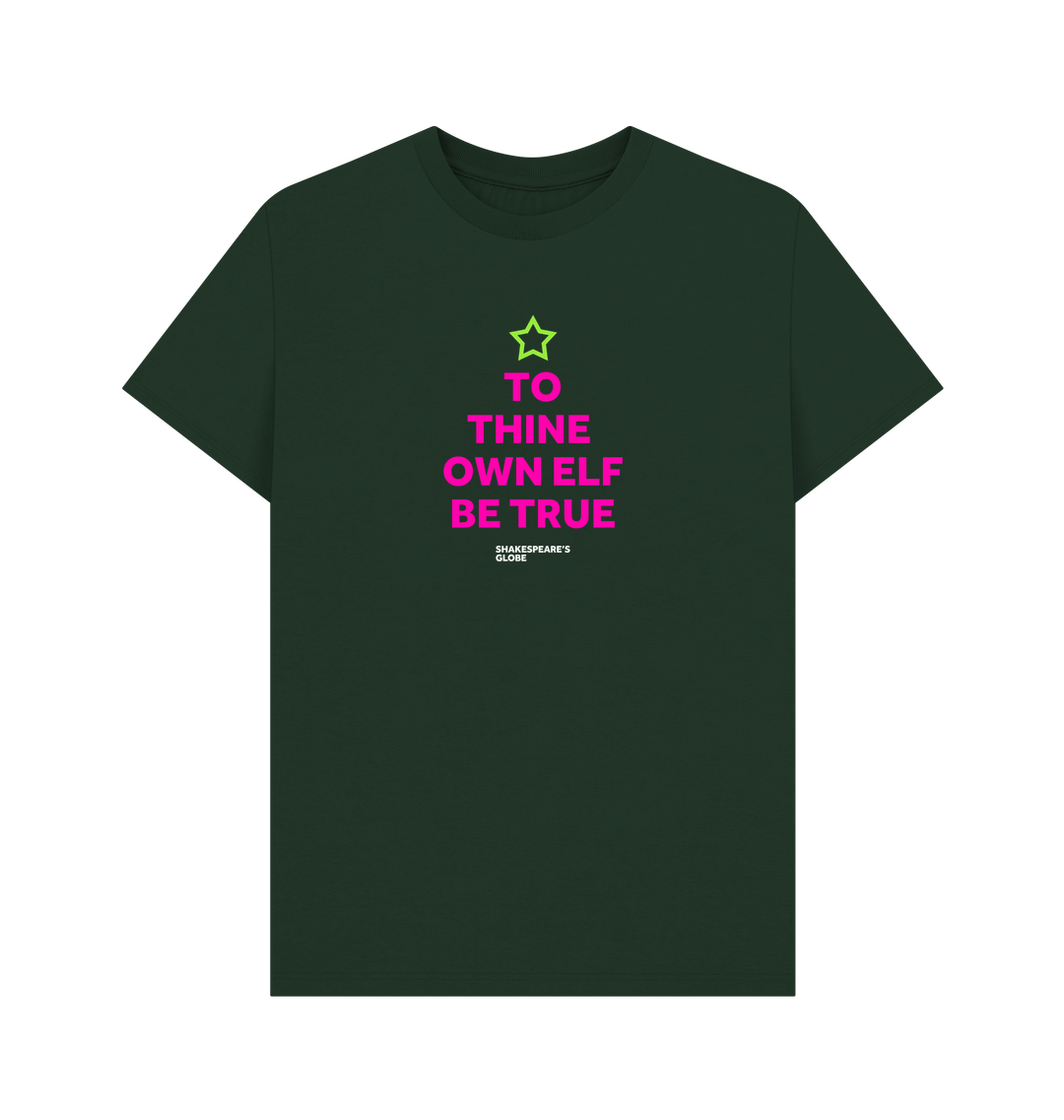 Dark green t-shirt with pink and green text on a white background