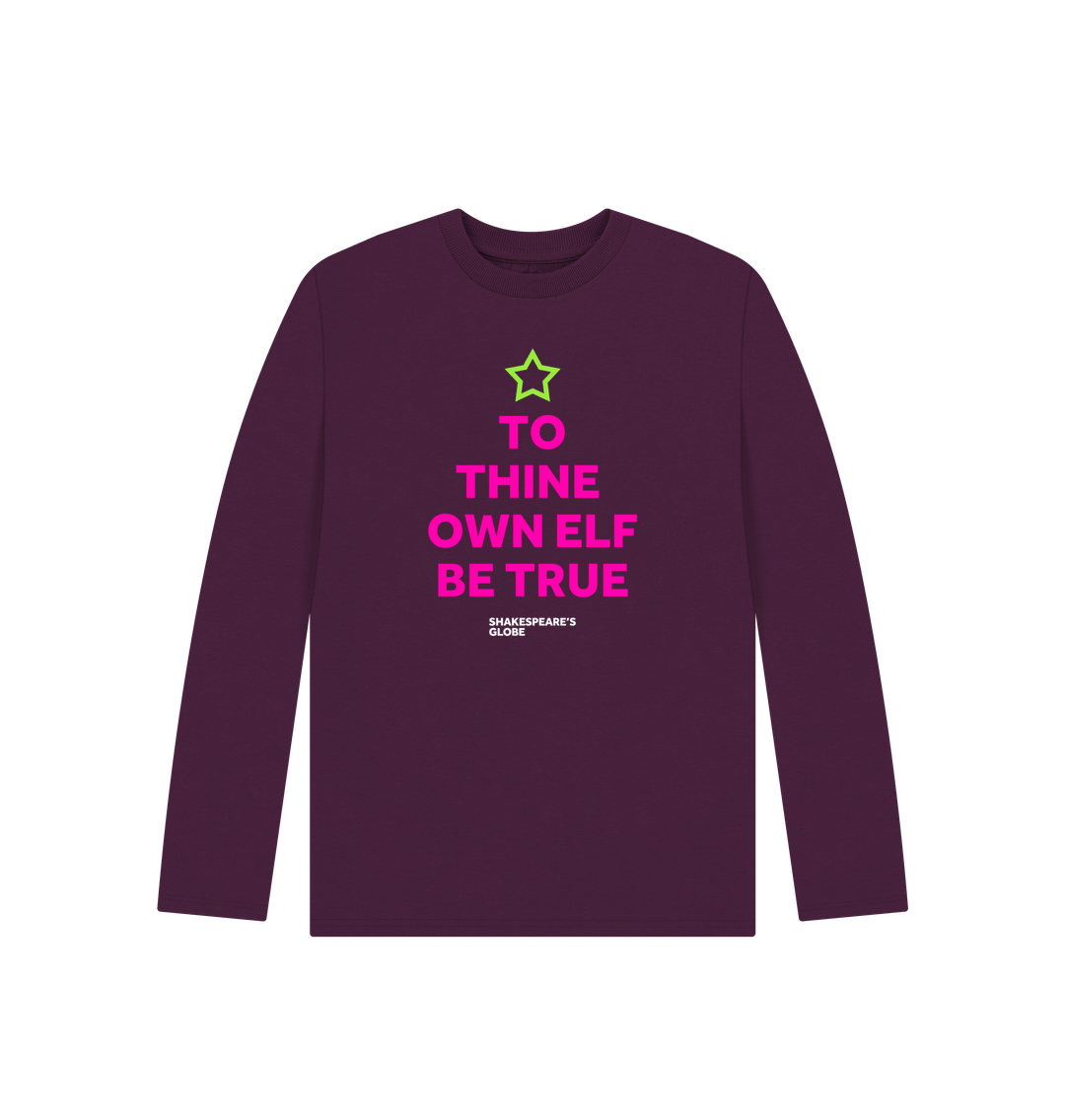 Pink graphic text in the shape of a Christmas tree with a green star on top, printed on a plum purple long-sleeve t-shirt