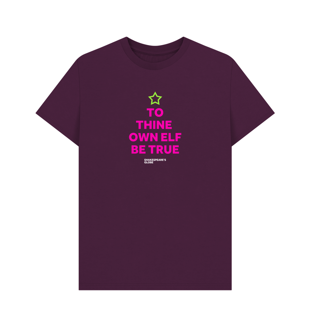 Pink graphic text in the shape of a Christmas tree with a green star on top, printed on a plum purple t-shirt