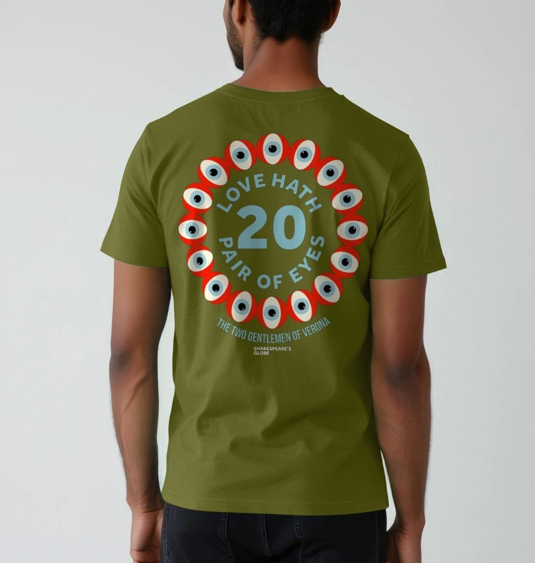 olive green t-shirt with a large back print of a ring of eyes