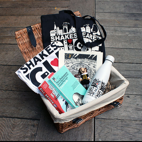 wicker hamper containing a range of Shakespeare themed gifts