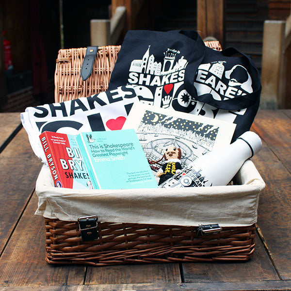 wicker hamper containing a range of Shakespeare themed gifts