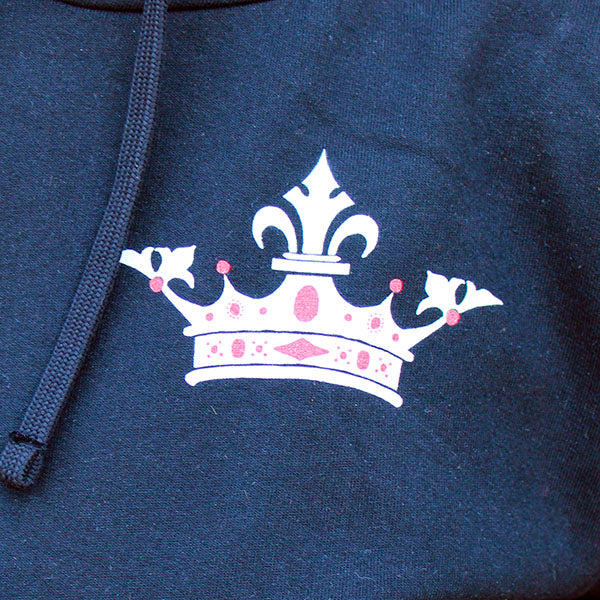 Black hoodie with a red and white crown print
