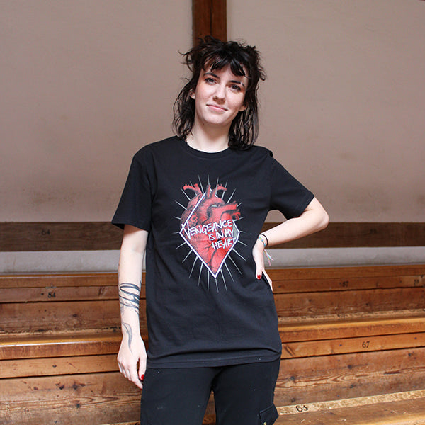 Black short sleeve, round neck cotton t-shirt with a large chest print celebrating Shakespeare play,