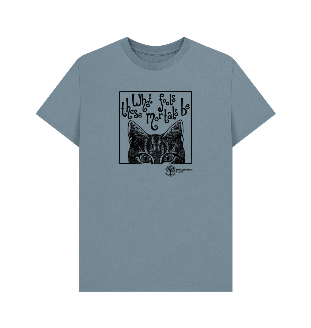 Blue t-shirt with black cat graphic and text on a white background