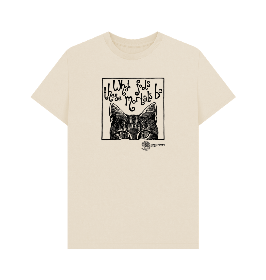 Beige t-shirt with black graphic of a cat and text on a white background