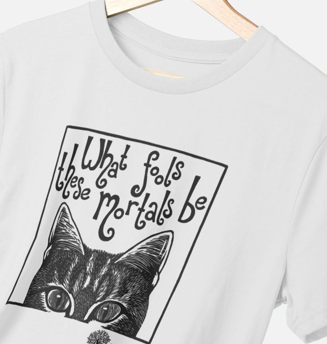 White t-shirt with black cat illustration and text on a hanger