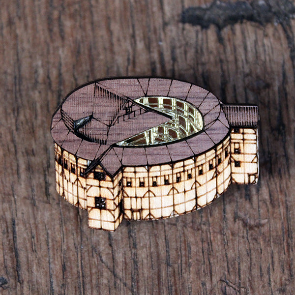 Walnut and Birch brooch shaped like the Globe Theatre from above, with gold acrylic detail