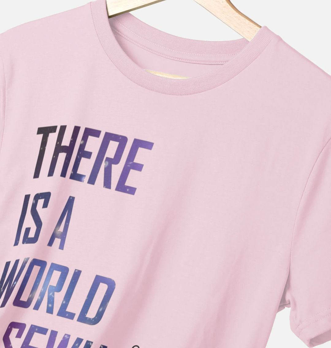 Pink standard fit t-shirt with celestial graphic text print across the centre front