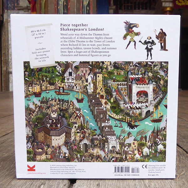 Square puzzle box with graphic depiction of Shakespearean London and orange text