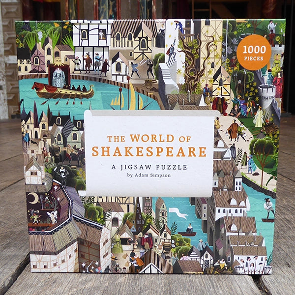 Square puzzle box with graphic depiction of Shakespearean London and orange text