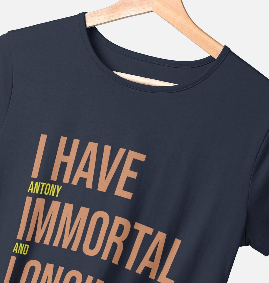 Navy Blue women's fit t-shirt with orange and yellow block text across the front