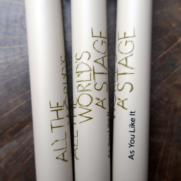 Light grey bioplastic ballpoint pen printed on the barrel with a quote from Shakespeare play, As You Like It,